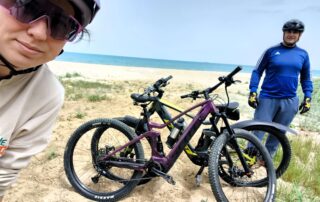 E-mountain bikes lined up for an early morning outdoor activity in Obzor next to sea