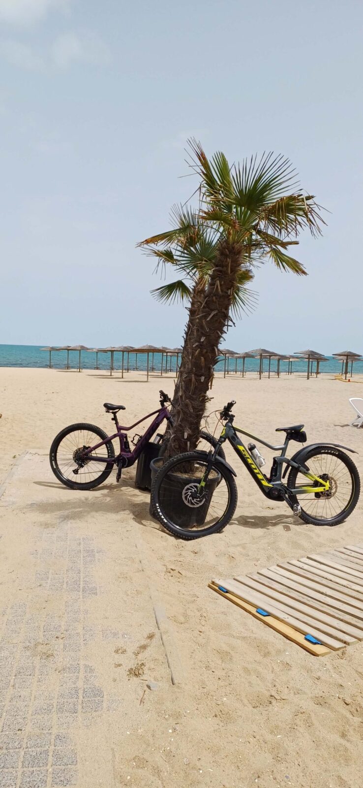 E-mountain bike parked on Obzor beach during a guided sunset tour