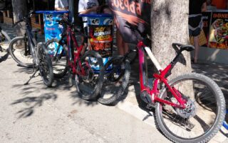 Electric mountain bikes parked outside a local doner kebab shop in Obzor after a tour